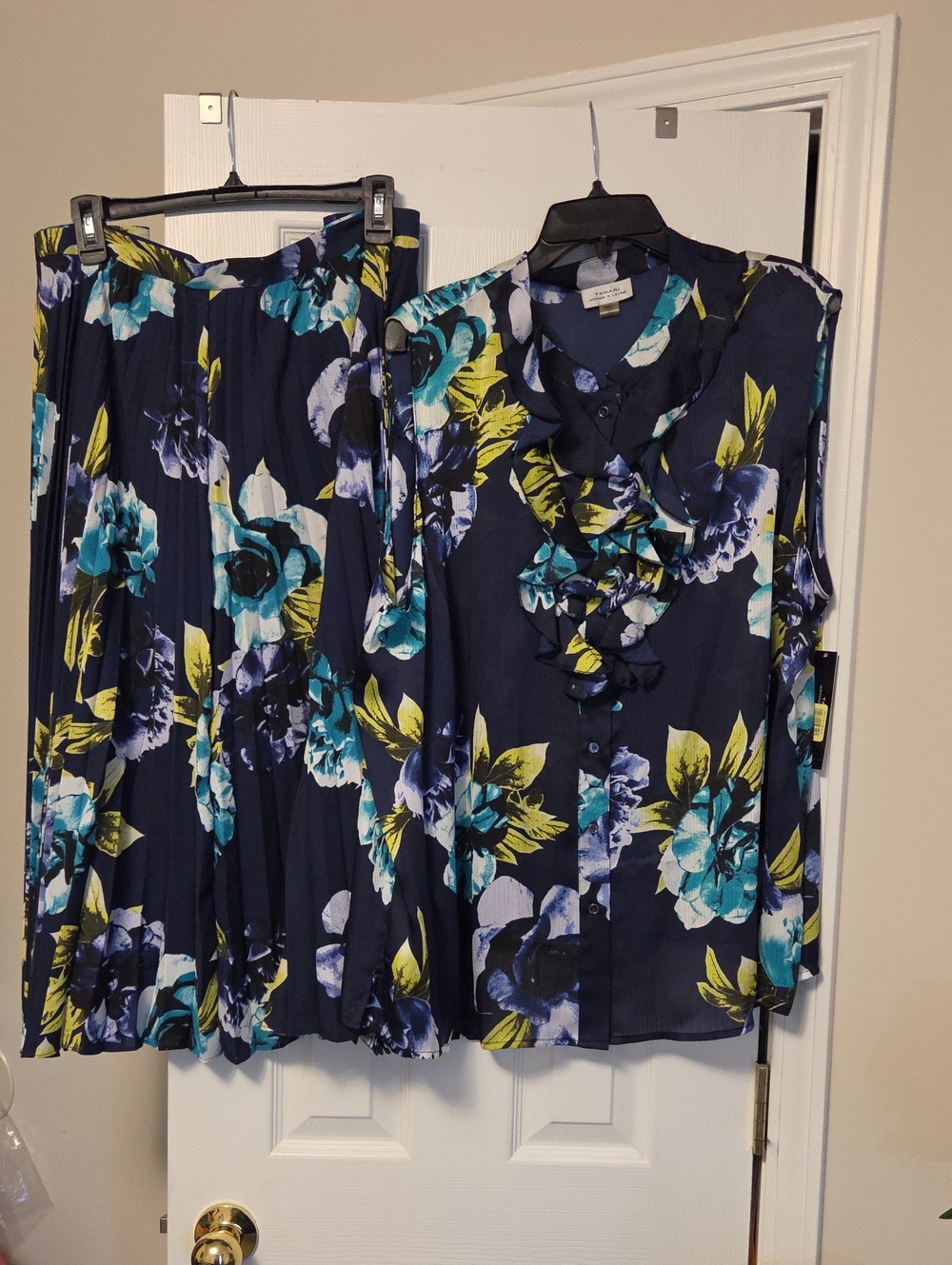 Tahari Navy Floral Ruffle Skirt Set - Blue, Teal, Yellow